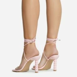 EGO Diamond-Girl Lace Up Clear Perspex Strap Square Toe Statement Thin Block Heel In Pink Faux Leather -EGO Sales 30 11 22 fw33373 sq
