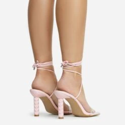 EGO Diamond-Girl Lace Up Clear Perspex Strap Square Toe Statement Thin Block Heel In Pink Faux Leather -EGO Sales 30 11 22 fw33374 sq