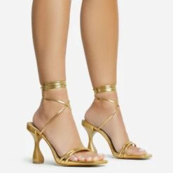 EGO Time-To-Talk Lace Up Strappy Square Toe Statement Heel In Gold Faux Leather