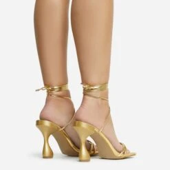 EGO Time-To-Talk Lace Up Strappy Square Toe Statement Heel In Gold Faux Leather -EGO Sales 30 11 22 fw33394 sq
