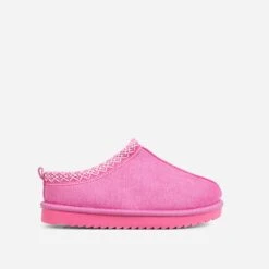 EGO Catch-Up Aztec Detail Faux Fur Lining Flat Slipper In Pink Faux Suede