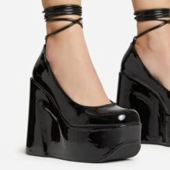 EGO Music-For-My-Ears Lace Up Closed Square Toe Platform Wedge Heel In Black Patent -EGO Sales 30 11 22 fw39652 sq