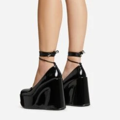 EGO Music-For-My-Ears Lace Up Closed Square Toe Platform Wedge Heel In Black Patent -EGO Sales 30 11 22 fw39653 sq