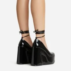 EGO Music-For-My-Ears Lace Up Closed Square Toe Platform Wedge Heel In Black Patent -EGO Sales 30 11 22 fw39654 sq