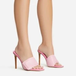 EGO Plush Velcro Strap Detail Square Peep Toe Stiletto Heel Mule In Pink Faux Leather