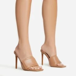 EGO Plush Velcro Strap Detail Square Peep Toe Stiletto Heel Mule In Nude Faux Leather