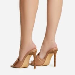 EGO Plush Velcro Strap Detail Square Peep Toe Stiletto Heel Mule In Nude Faux Leather -EGO Sales 30 11 22 fw39663 sb