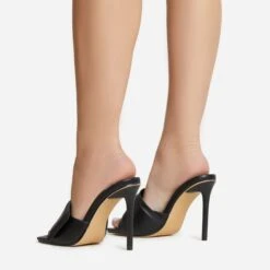 EGO Plush Velcro Strap Detail Square Peep Toe Stiletto Heel Mule In Black Faux Leather -EGO Sales 30 11 22 fw39668 sb