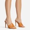 EGO Plush Velcro Strap Detail Square Peep Toe Stiletto Heel Mule In Tan Brown Faux Leather -EGO Sales 30 11 22 fw39671 s
