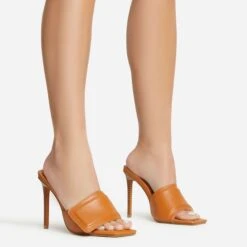 EGO Plush Velcro Strap Detail Square Peep Toe Stiletto Heel Mule In Tan Brown Faux Leather