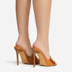 EGO Plush Velcro Strap Detail Square Peep Toe Stiletto Heel Mule In Tan Brown Faux Leather -EGO Sales 30 11 22 fw39674 sb2