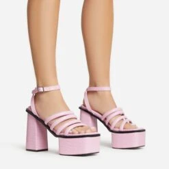 EGO Perocious Strappy Square Toe Platform Block Heel In Pink Croc Print Faux Leather