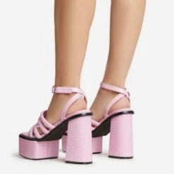 EGO Perocious Strappy Square Toe Platform Block Heel In Pink Croc Print Faux Leather -EGO Sales 30 11 22 fw39703 sb