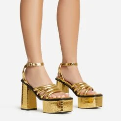 EGO Perocious Strappy Square Toe Platform Block Heel In Gold Croc Print Faux Leather