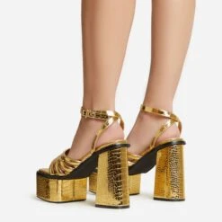 EGO Perocious Strappy Square Toe Platform Block Heel In Gold Croc Print Faux Leather -EGO Sales 30 11 22 fw39709 sb