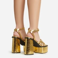 EGO Perocious Strappy Square Toe Platform Block Heel In Gold Croc Print Faux Leather -EGO Sales 30 11 22 fw39710 sb2