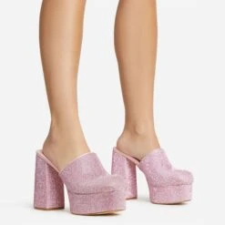 EGO Wilkinson Closed Toe Platform Block Heel Mule In Pink Diamante