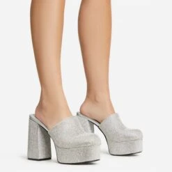 EGO Wilkinson Closed Toe Platform Block Heel Mule In Silver Diamante -EGO Sales 30 11 22 fw39737 sqq