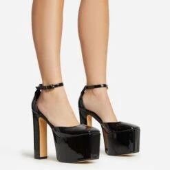 EGO Popped Ankle Strap Square Toe Platform Block Heel In Black Patent