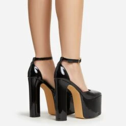 EGO Popped Ankle Strap Square Toe Platform Block Heel In Black Patent -EGO Sales 30 11 22 fw39766 sb