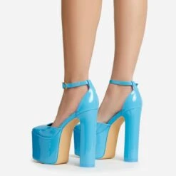 EGO Popped Ankle Strap Square Toe Platform Block Heel In Blue Patent -EGO Sales 30 11 22 fw39770 sb