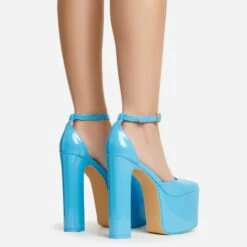 EGO Popped Ankle Strap Square Toe Platform Block Heel In Blue Patent -EGO Sales 30 11 22 fw39771 sb2