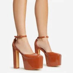 EGO Popped Ankle Strap Square Toe Platform Block Heel In Tan Brown Patent