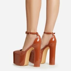 EGO Popped Ankle Strap Square Toe Platform Block Heel In Tan Brown Patent -EGO Sales 30 11 22 fw39775 sb2