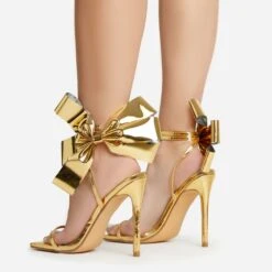 EGO Beau Oversized Bow Detail Square Toe Stiletto Heel In Gold Faux Leather -EGO Sales 30 11 22 fw39785 sb