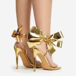 EGO Beau Oversized Bow Detail Square Toe Stiletto Heel In Gold Faux Leather -EGO Sales 30 11 22 fw39786 sb2