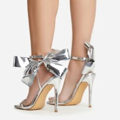 EGO Beau Oversized Bow Detail Square Toe Stiletto Heel In Silver Faux Leather -EGO Sales 30 11 22 fw39790 sb