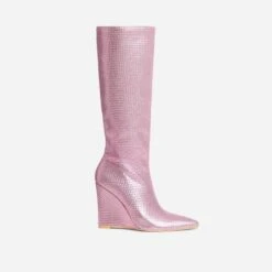 EGO Rowen Pointed Toe Wedge Heel Knee High Long Boot In Pink Diamante -EGO Sales 30 11 22 fw39843 sq