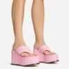 EGO Lizzie Padded Thong Strap Platform Wedge Heel Mule In Pink Faux Leather