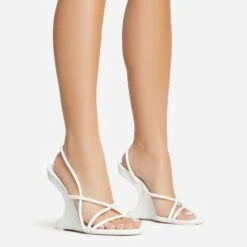 EGO Thriller Strappy Detail Square Toe Sling Back Cut Out Wedge Heel In White Faux Leather -EGO Sales 30 11 22 fw39900 s