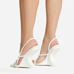 EGO Thriller Strappy Detail Square Toe Sling Back Cut Out Wedge Heel In White Faux Leather -EGO Sales 30 11 22 fw39902 sb