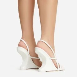 EGO Thriller Strappy Detail Square Toe Sling Back Cut Out Wedge Heel In White Faux Leather -EGO Sales 30 11 22 fw39903 sb2