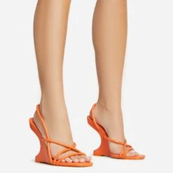 EGO Thriller Strappy Detail Square Toe Sling Back Cut Out Wedge Heel In Orange Faux Leather -EGO Sales 30 11 22 fw39905 s