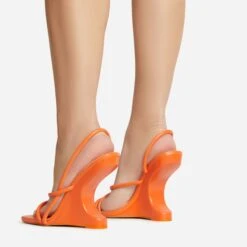 EGO Thriller Strappy Detail Square Toe Sling Back Cut Out Wedge Heel In Orange Faux Leather -EGO Sales 30 11 22 fw39907 sb