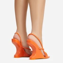 EGO Thriller Strappy Detail Square Toe Sling Back Cut Out Wedge Heel In Orange Faux Leather -EGO Sales 30 11 22 fw39908 sb2