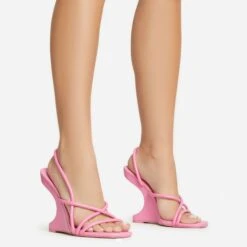 EGO Thriller Strappy Detail Square Toe Sling Back Cut Out Wedge Heel In Pink Faux Leather -EGO Sales 30 11 22 fw39910 s