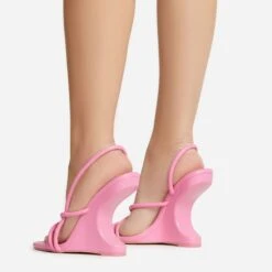 EGO Thriller Strappy Detail Square Toe Sling Back Cut Out Wedge Heel In Pink Faux Leather -EGO Sales 30 11 22 fw39912 sb