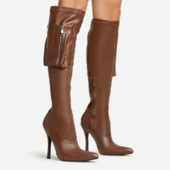 EGO Truman Side Pocket Detail Pointed Toe Stiletto Heel Knee High Long Boot In Brown Faux Leather