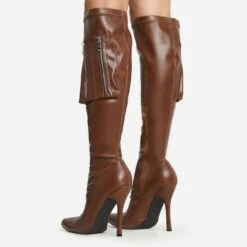 EGO Truman Side Pocket Detail Pointed Toe Stiletto Heel Knee High Long Boot In Brown Faux Leather -EGO Sales 30 11 22 fw39937 sb
