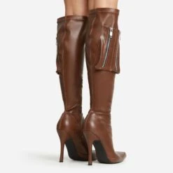 EGO Truman Side Pocket Detail Pointed Toe Stiletto Heel Knee High Long Boot In Brown Faux Leather -EGO Sales 30 11 22 fw39938 sb2