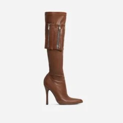 EGO Truman Side Pocket Detail Pointed Toe Stiletto Heel Knee High Long Boot In Brown Faux Leather -EGO Sales 30 11 22 fw39939 sq