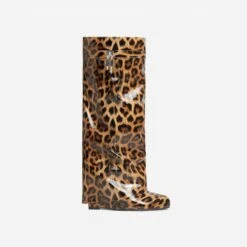 EGO I-Am-The-One Padlock Detail Wedge Heel Knee High Long Boot In Leopard Print Patent