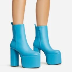 EGO Impression Closed Toe Platform Block Heel Ankle Boot In Blue Faux Leather