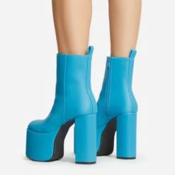 EGO Impression Closed Toe Platform Block Heel Ankle Boot In Blue Faux Leather -EGO Sales 30 11 22 fw39985 sb