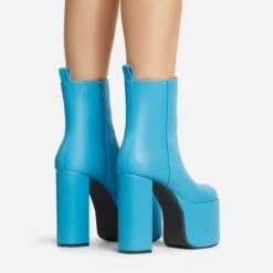 EGO Impression Closed Toe Platform Block Heel Ankle Boot In Blue Faux Leather -EGO Sales 30 11 22 fw39986 sb2
