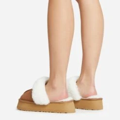 EGO Sugar Faux Fur Trim Platform Slipper In Chestnut Brown Faux Suede -EGO Sales 30 11 22 fw40005 sq